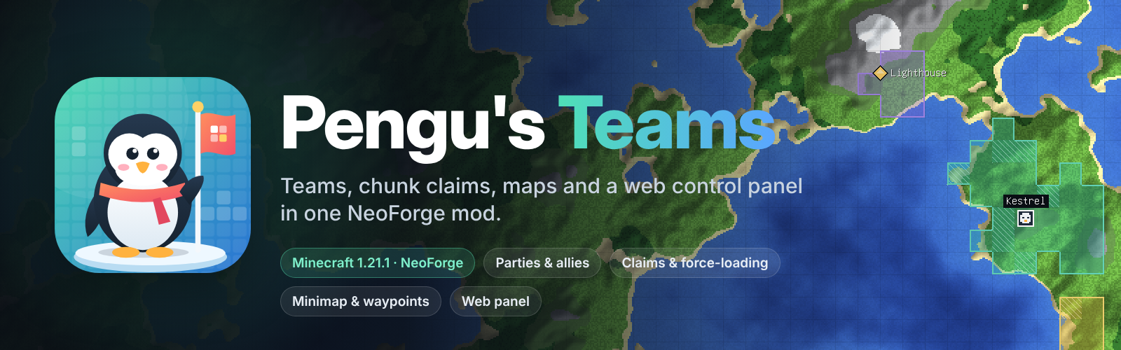 Pengu's Teams: teams, chunk claims, maps and a web control panel in one NeoForge mod