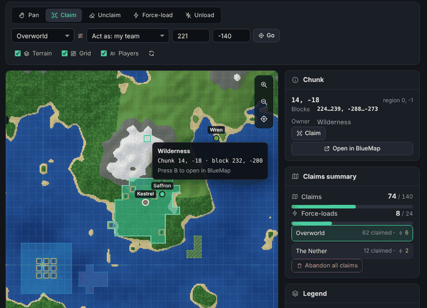 Claiming chunks by dragging on the web claim map (screen recording)