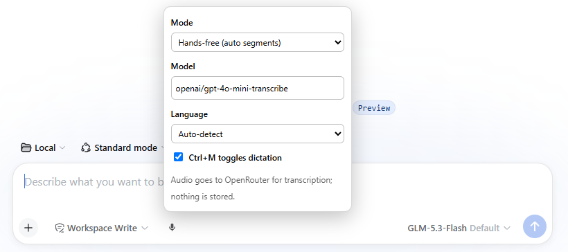 Settings popover — right-click the mic