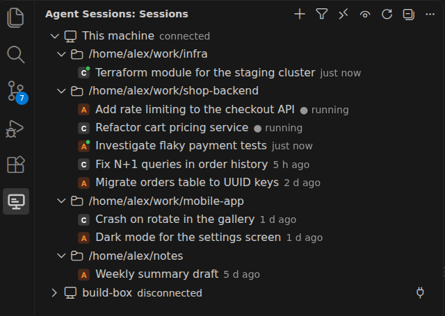 The Agent Sessions view: sessions of two agents grouped by machine and project, with running and unread marks