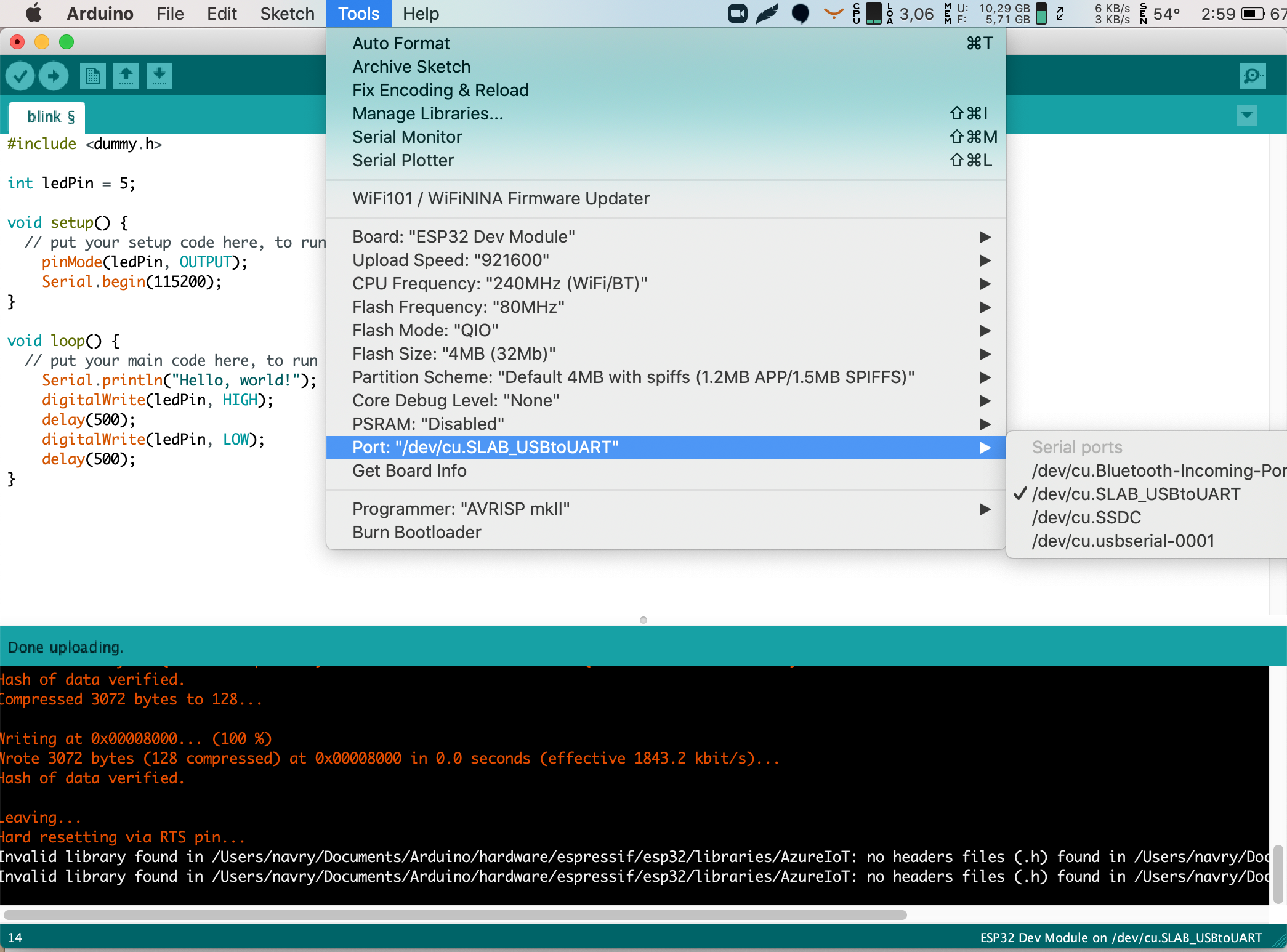 Led blinking arduino IDE correct setup port