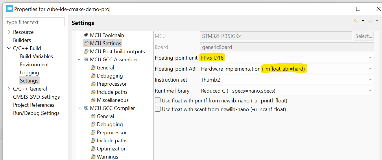 STM32CubeIDE - MCU settings