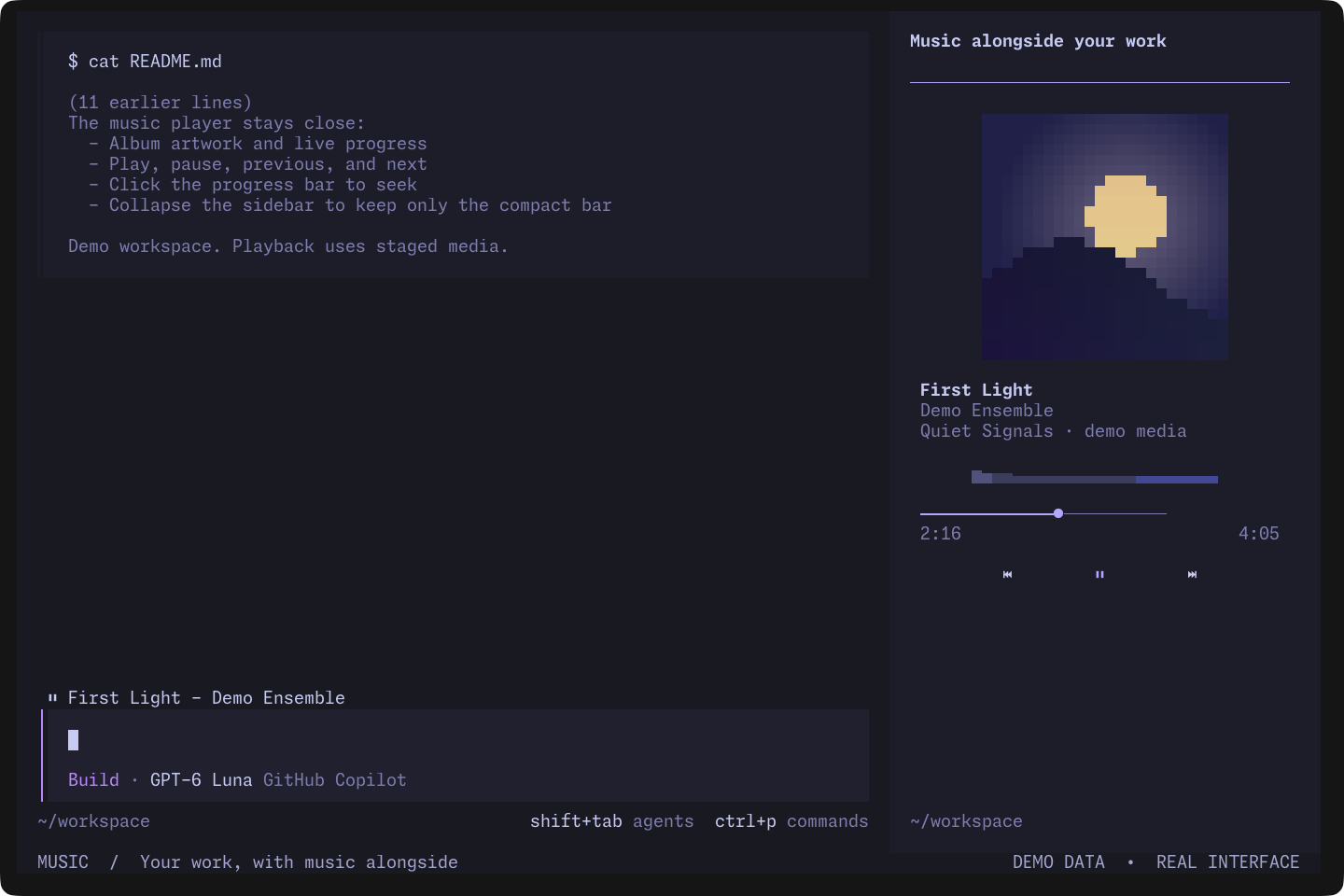 OpenCode music sidebar showing First Light, demo cover artwork, seek bar, and transport controls
