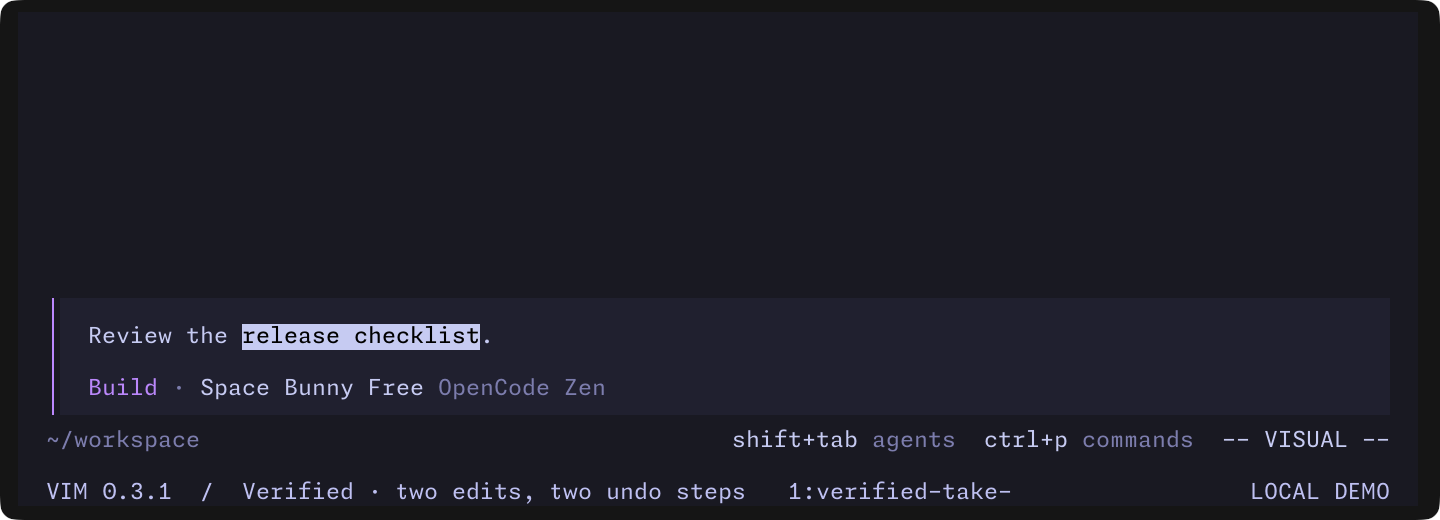 Vim visual mode selecting release checklist inside an OpenCode prompt
