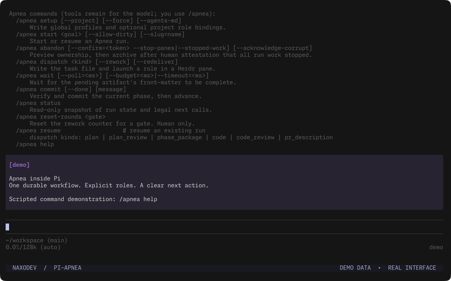 Pi displaying Apnea's command reference and a labeled scripted demonstration