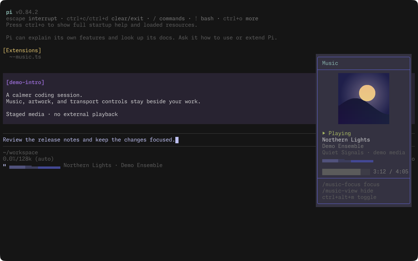 Pi music panel with a native sunset cover, Northern Lights metadata, waveform, and playback progress