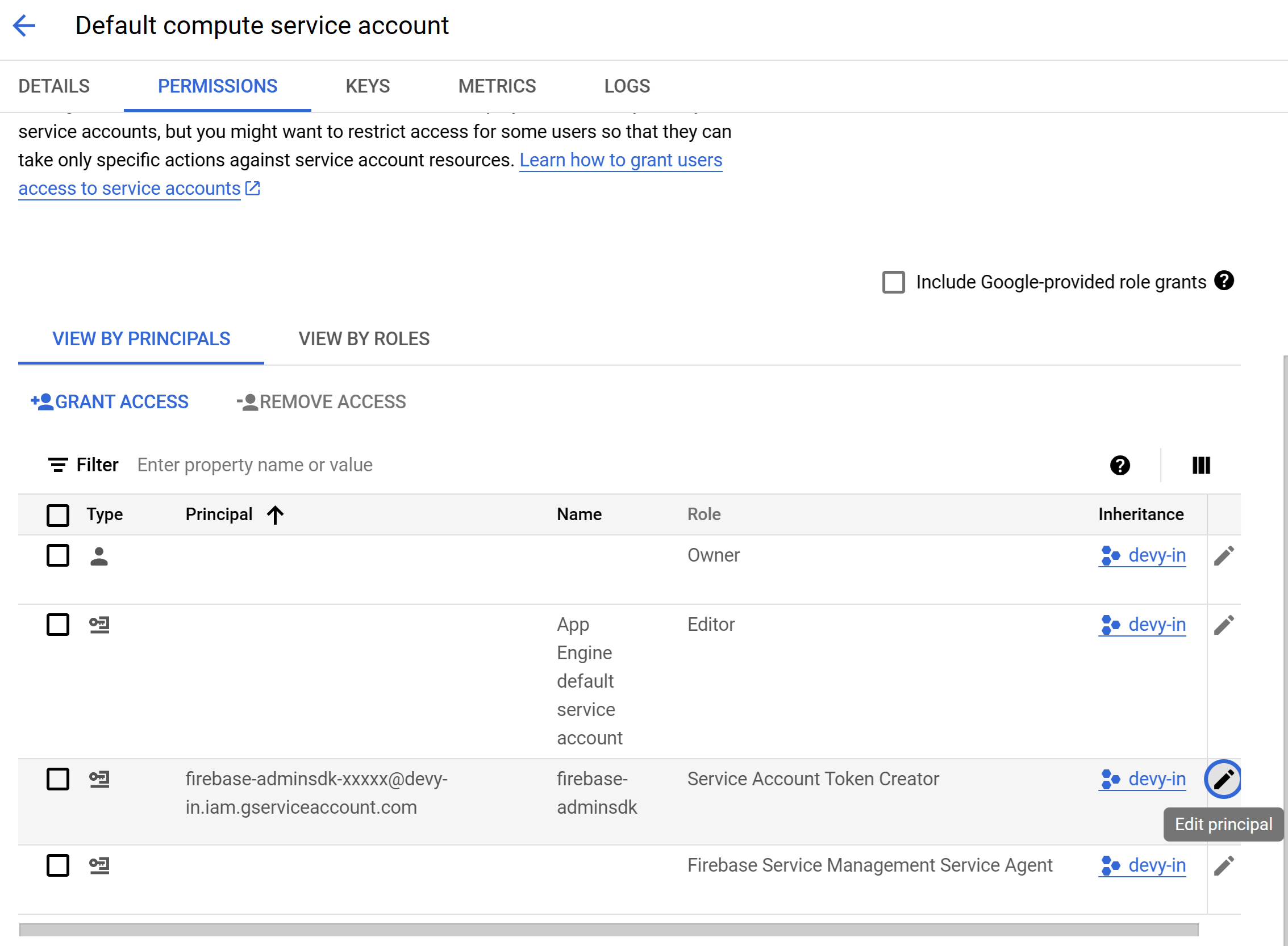 GCP Compute Service Edit Principal