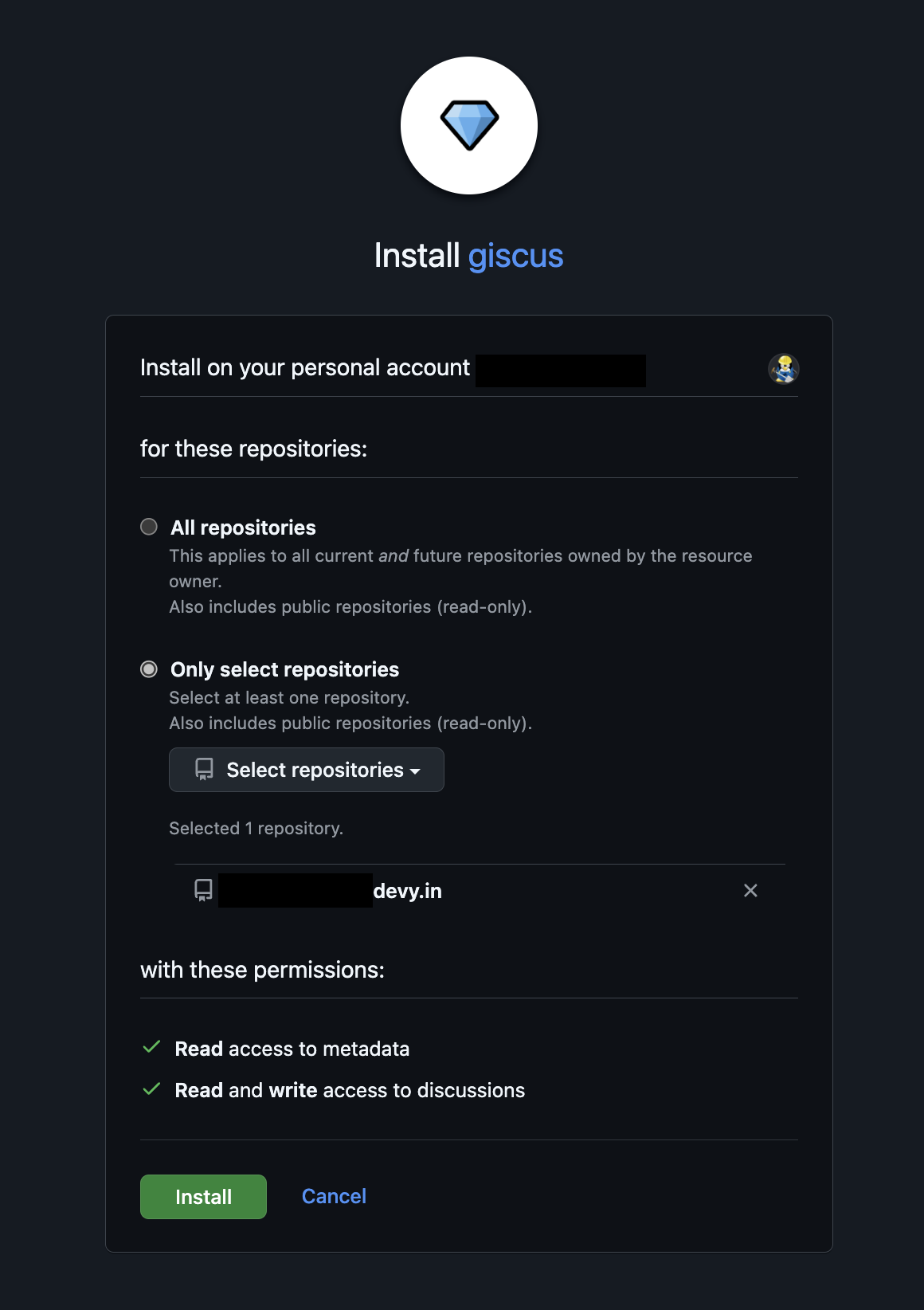 Install giscus App Permissions Page