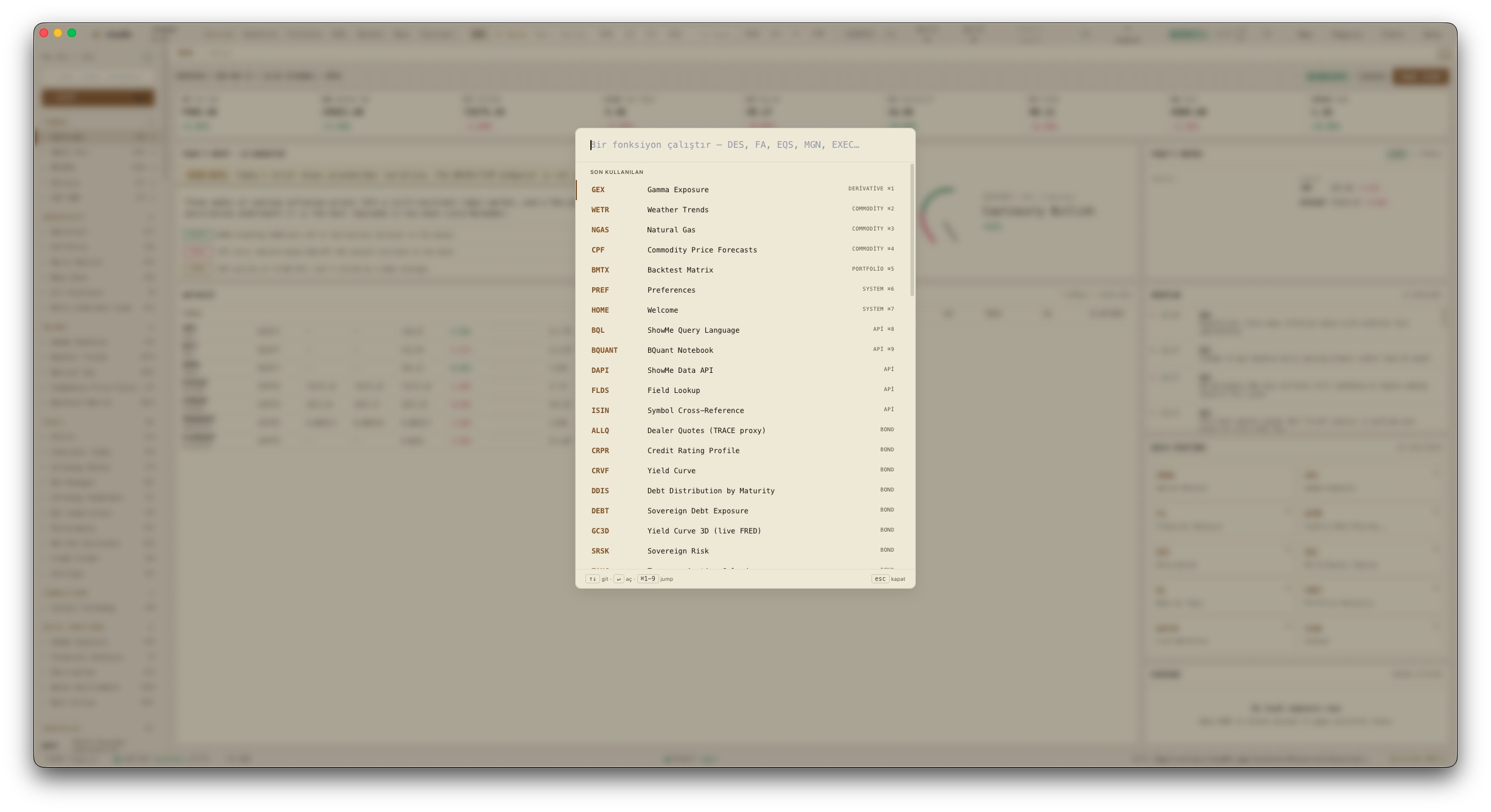 The function command palette open over the cockpit, listing function codes (GEX, NG, CPF, ESG, …) with their full names, filtered as you type