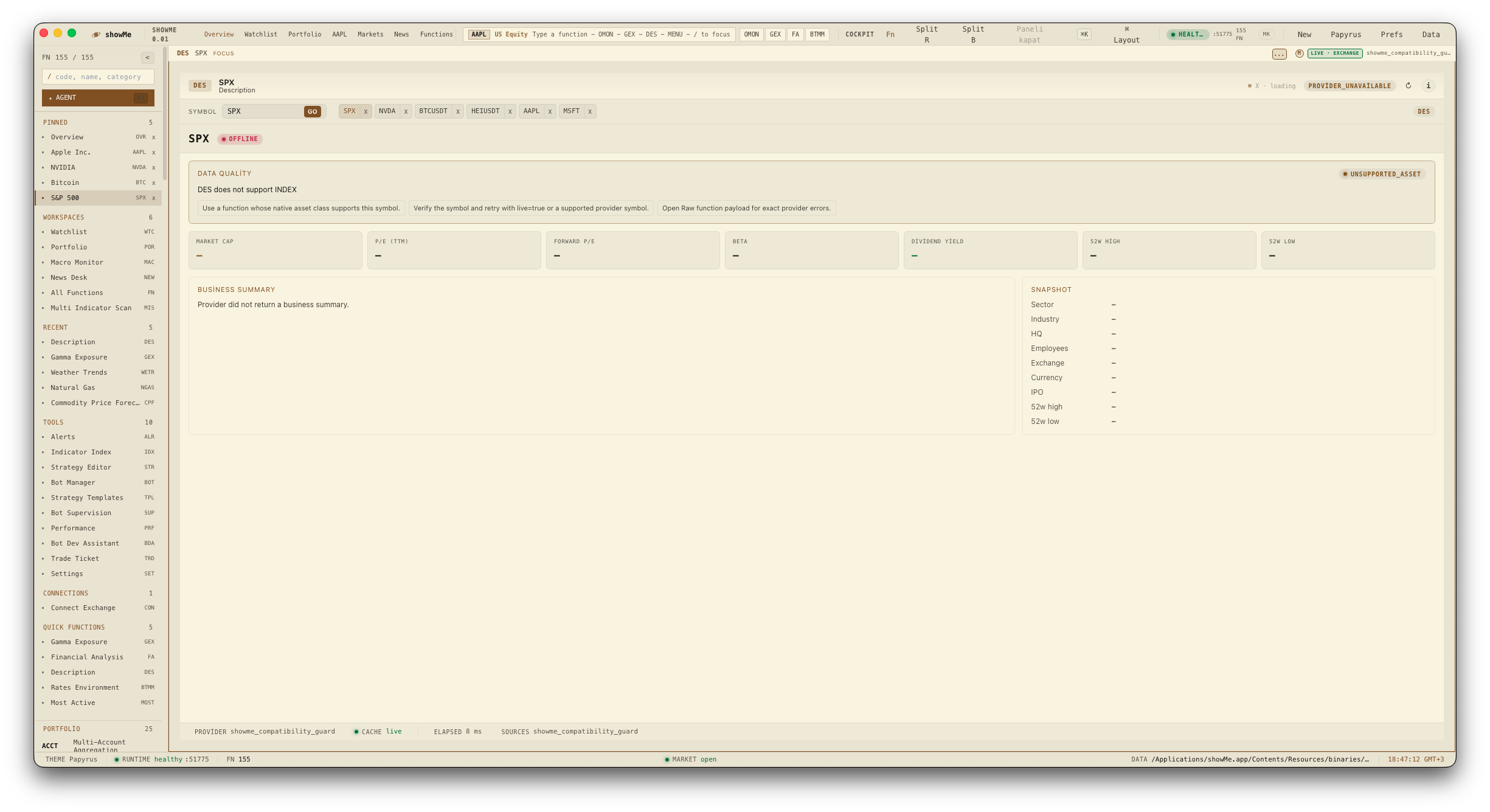 A single-symbol function view for SPX showing the data-quality header, source pills, and a fielded layout