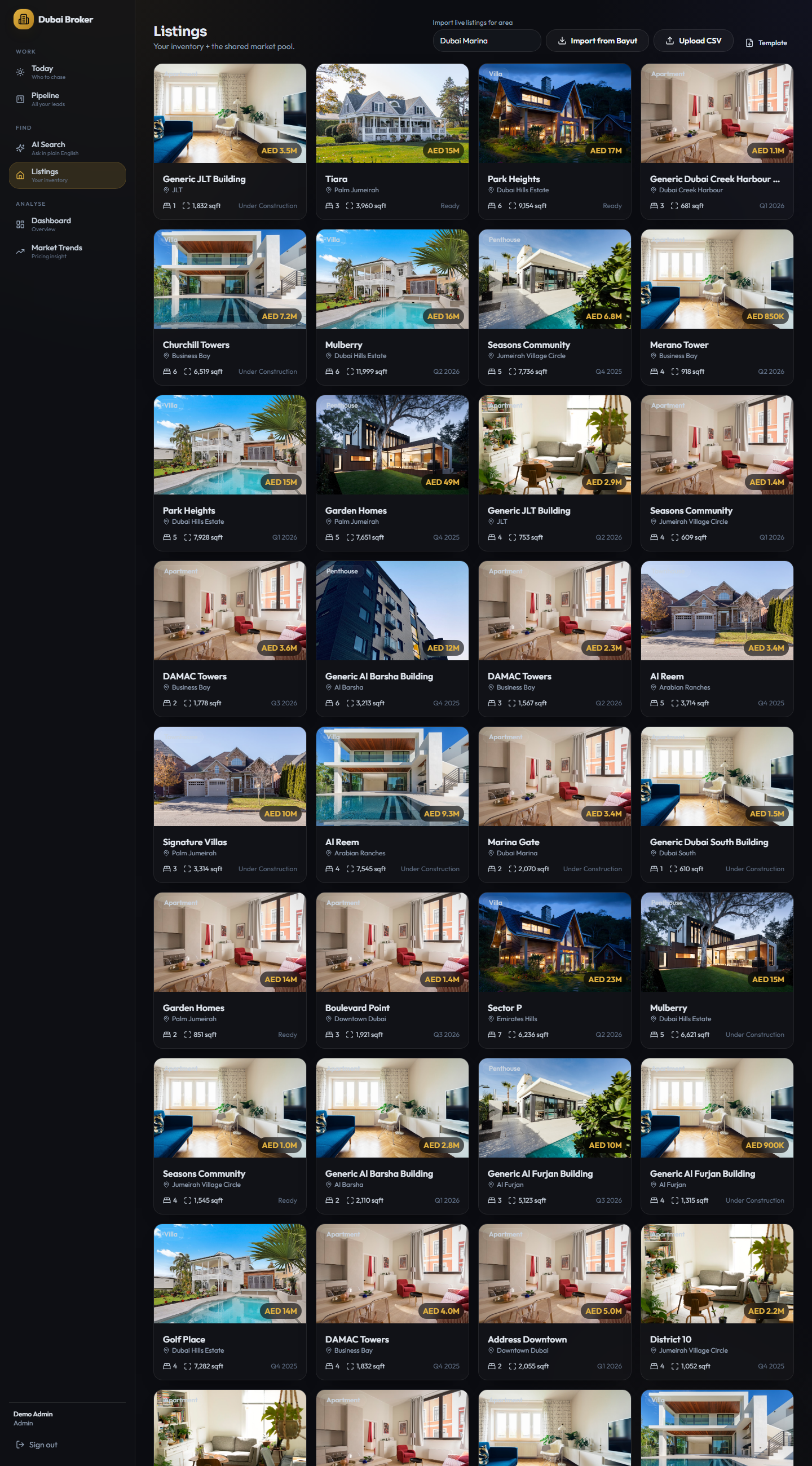 The listings page with property photos, prices and details
