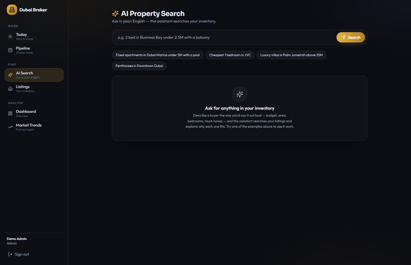 The AI search page returning matching properties