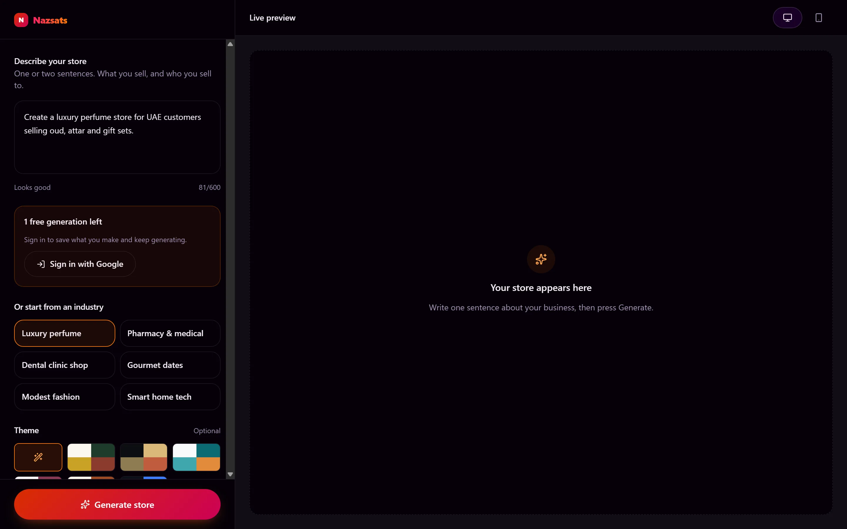 The builder before generating — a prompt box reading "Create a luxury perfume store for UAE customers", six industry choices, theme swatches and a Generate store button