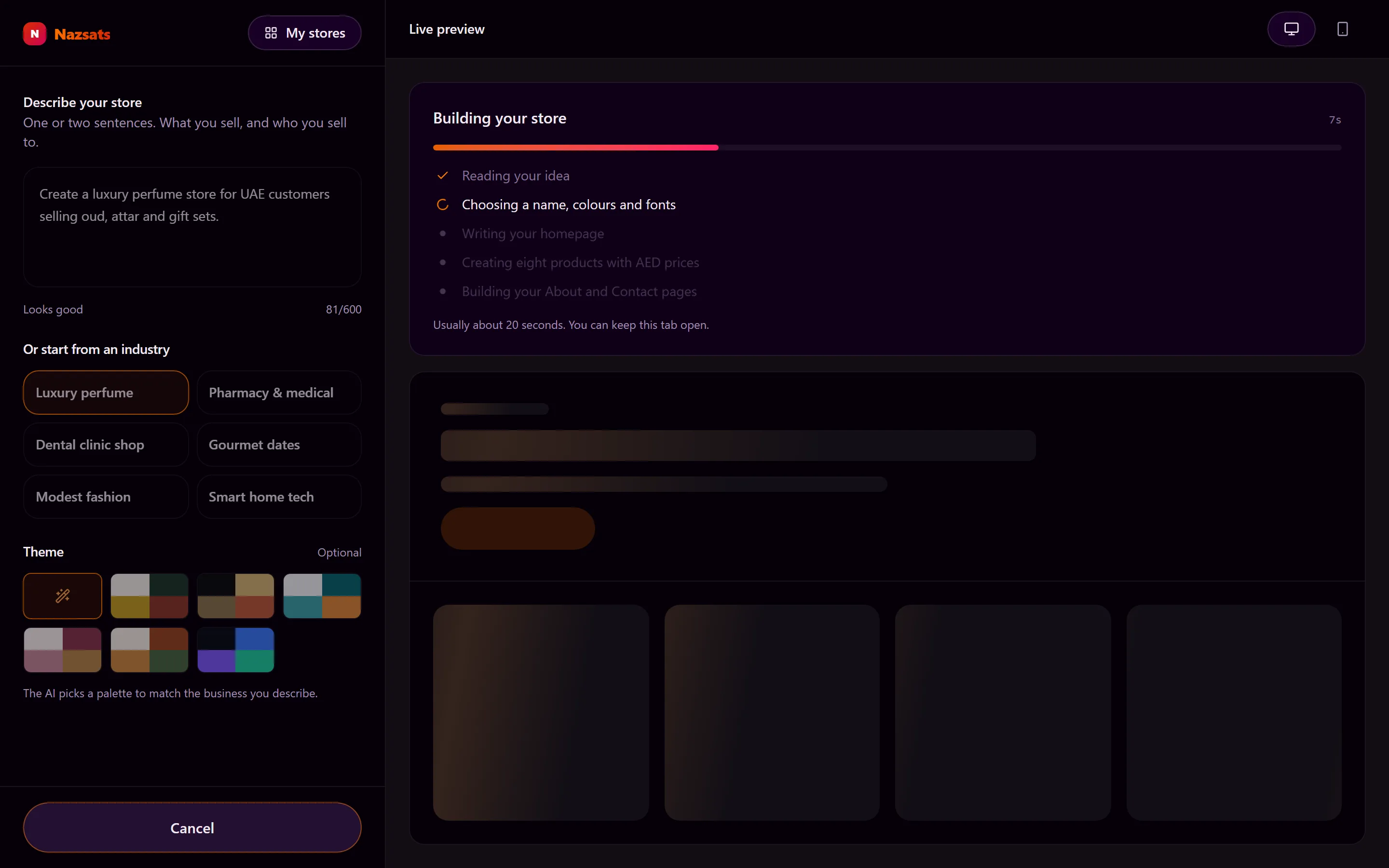 The builder mid-generation — a progress panel reading "Building your store" with two steps ticked, "Writing your homepage" spinning, and a storefront-shaped skeleton below