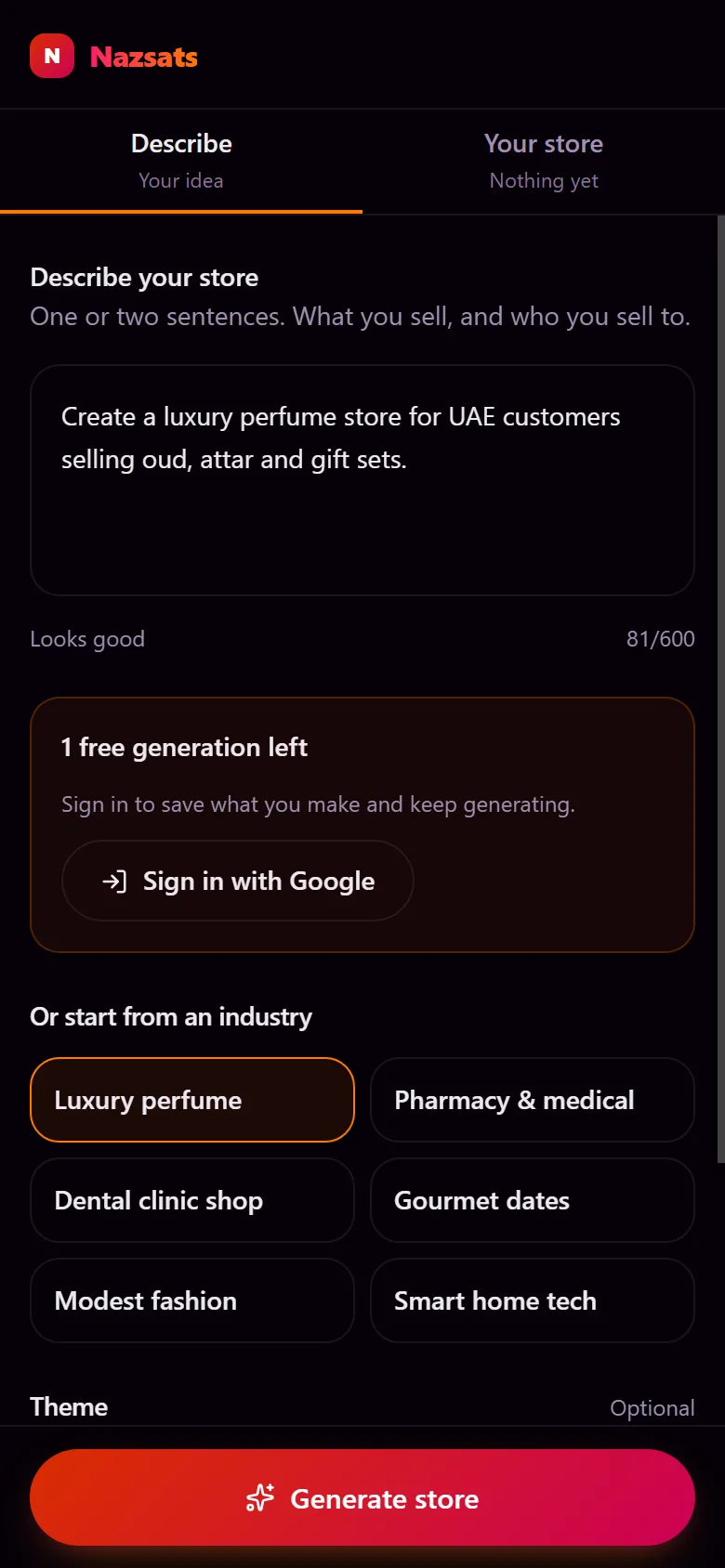The builder on a phone — two tabs with one pane visible and the Generate button pinned above the home indicator