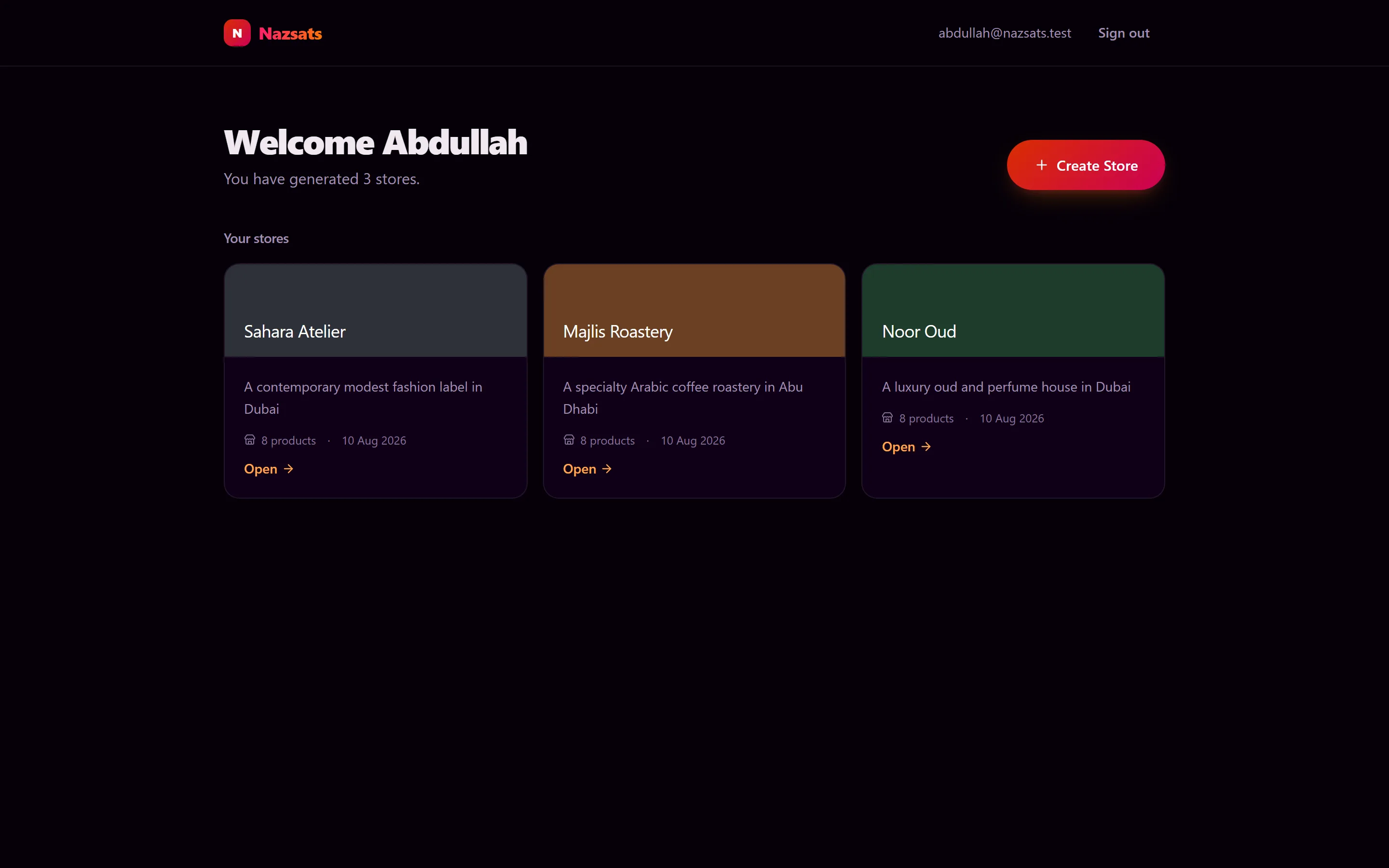 The dashboard with a Create Store button and three saved store cards, each in its own brand colour