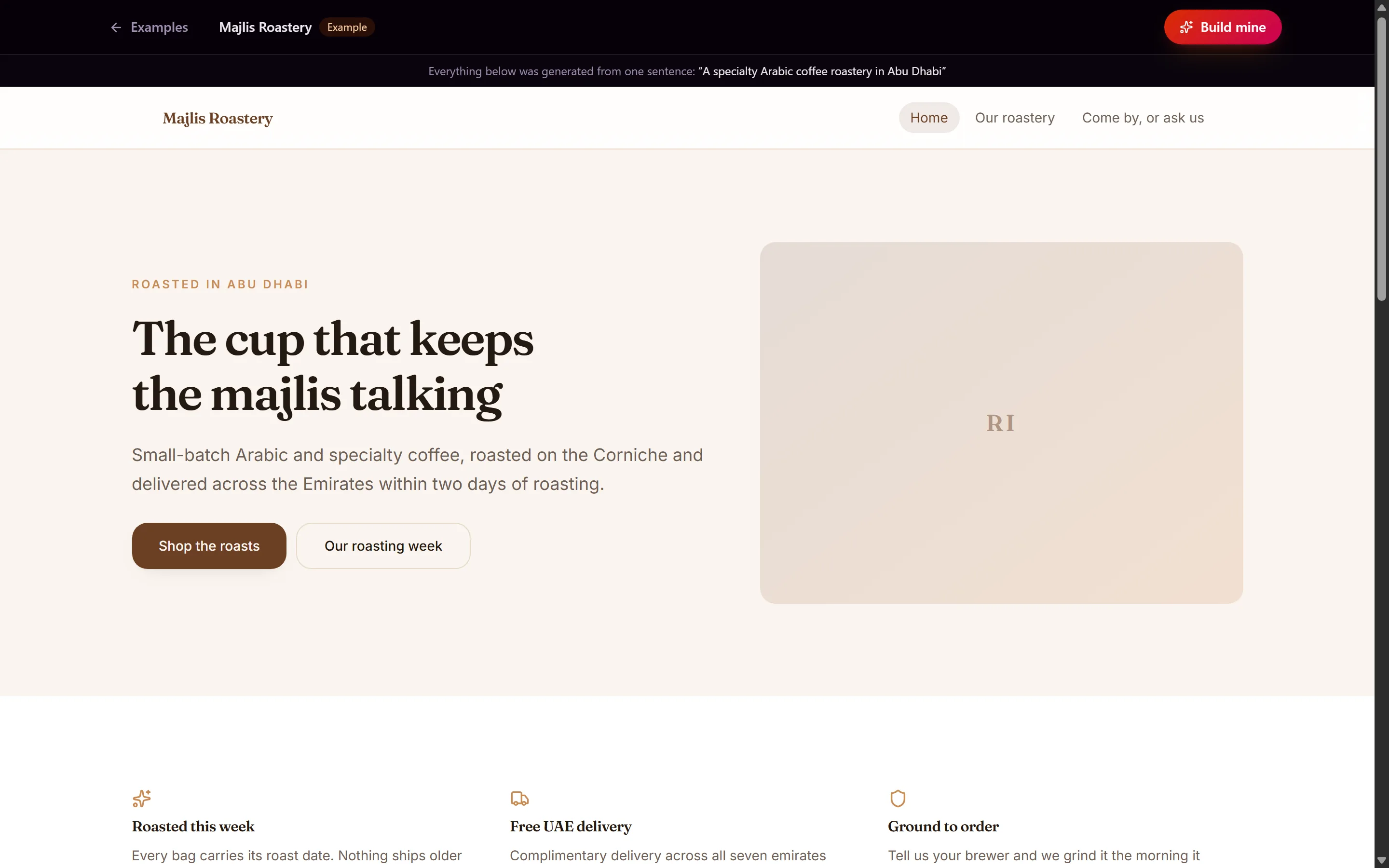 An example store page with its own warm brown palette and serif heading, with a bar above noting the sentence it was generated from