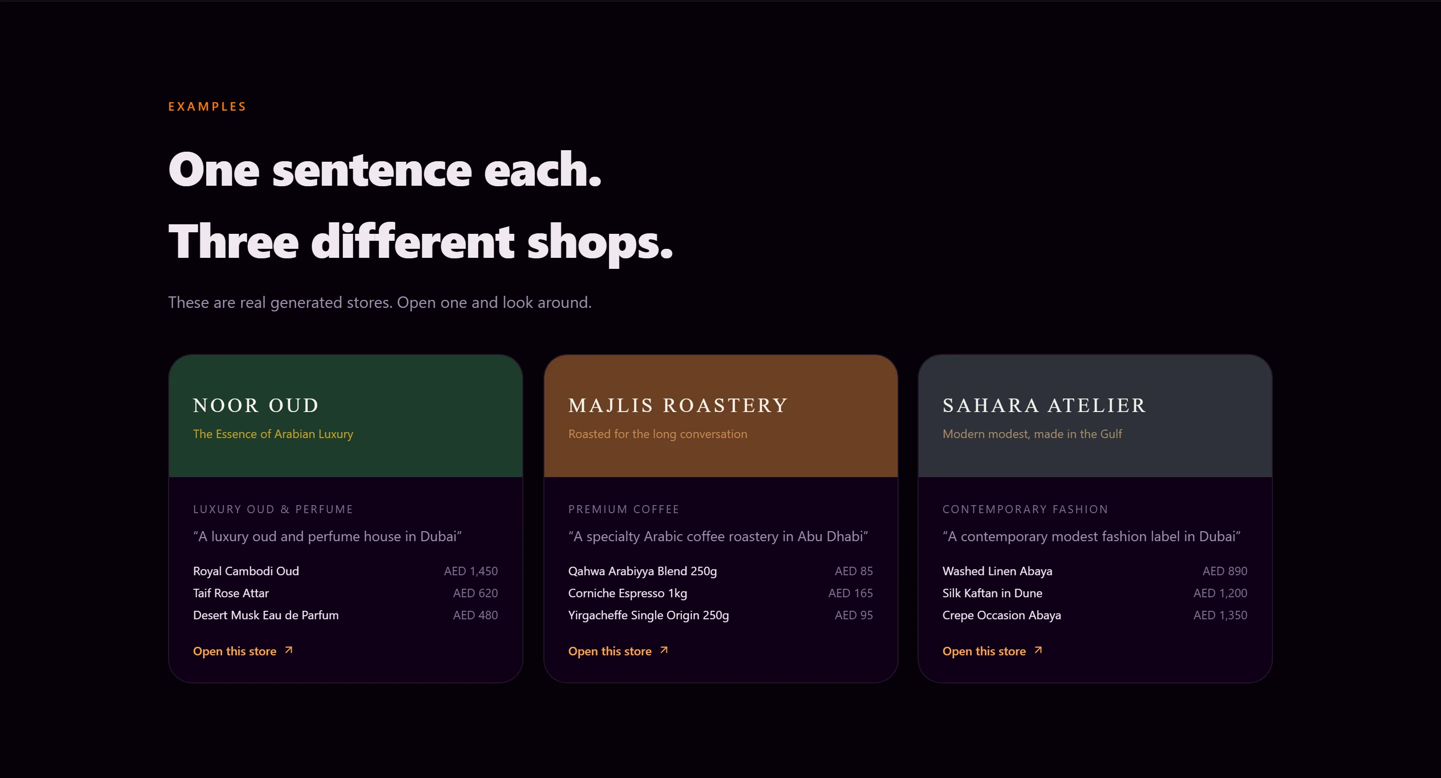 Three example cards on the landing page, each in the palette of the store it opens