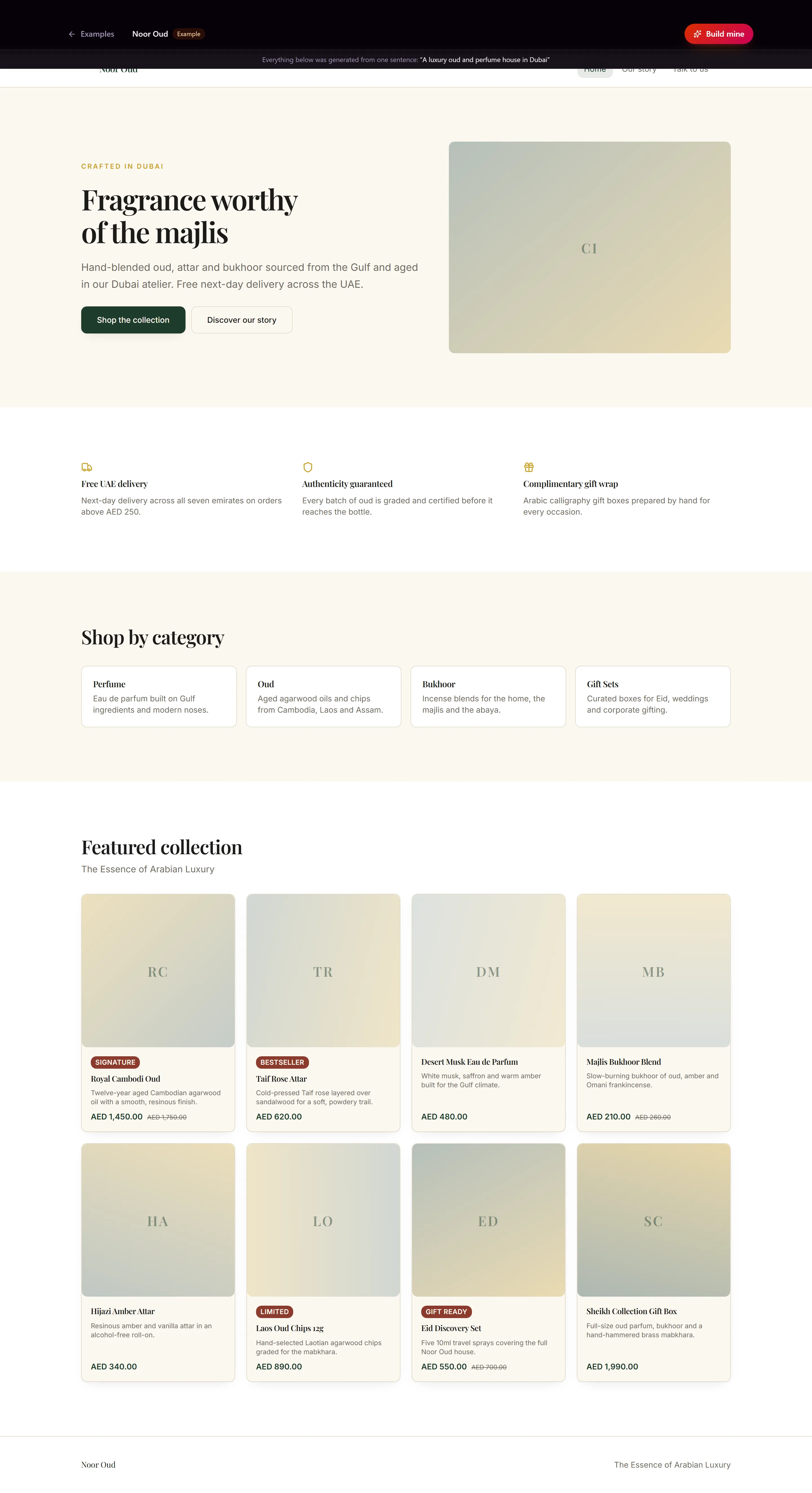 The complete generated storefront — hero, highlights, four categories and eight products priced in AED