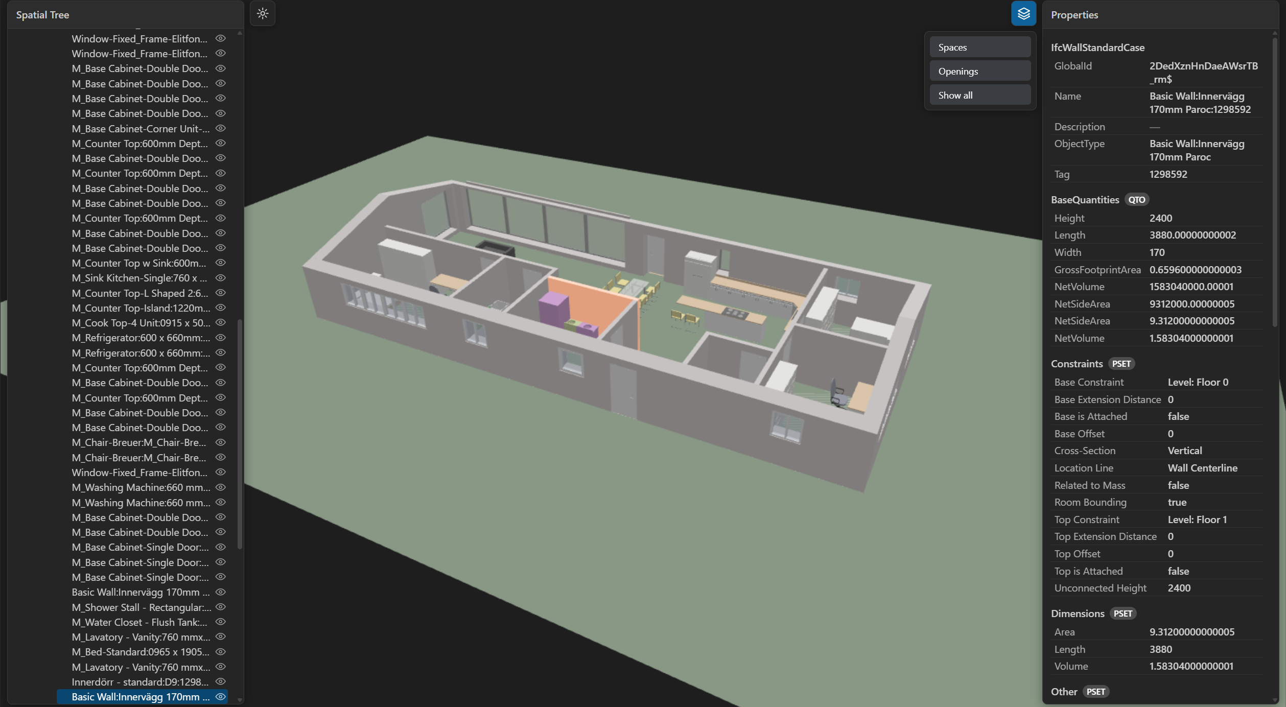 The IFC Viewer: spatial tree, 3D viewport, and properties panel