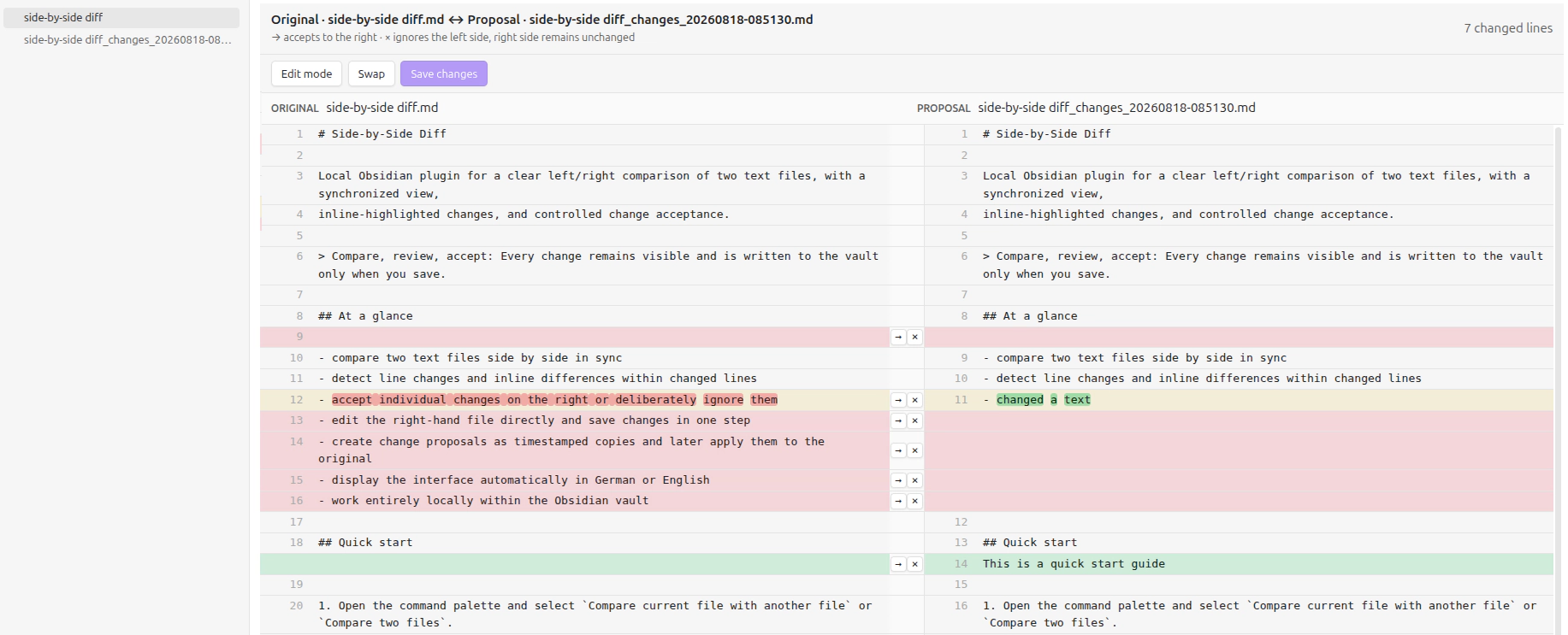 Side-by-Side Diff comparison view