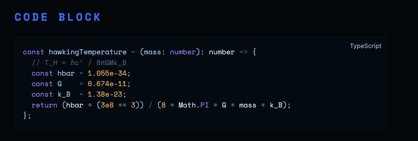 Code block — TypeScript with Deepfield syntax colors