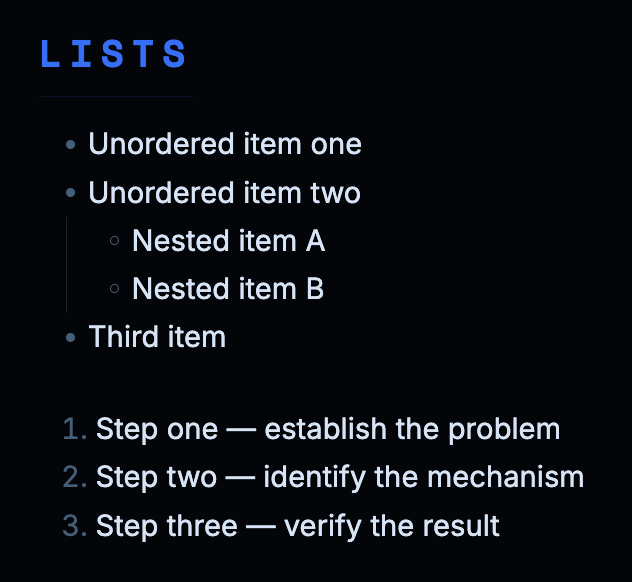 Lists — unordered with nested open circles, and ordered