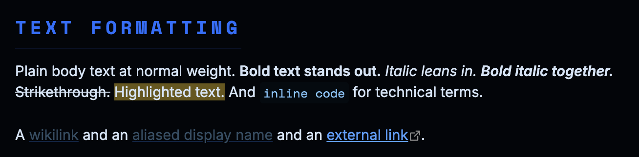 Text formatting — bold, italic, strikethrough, highlight, inline code, links