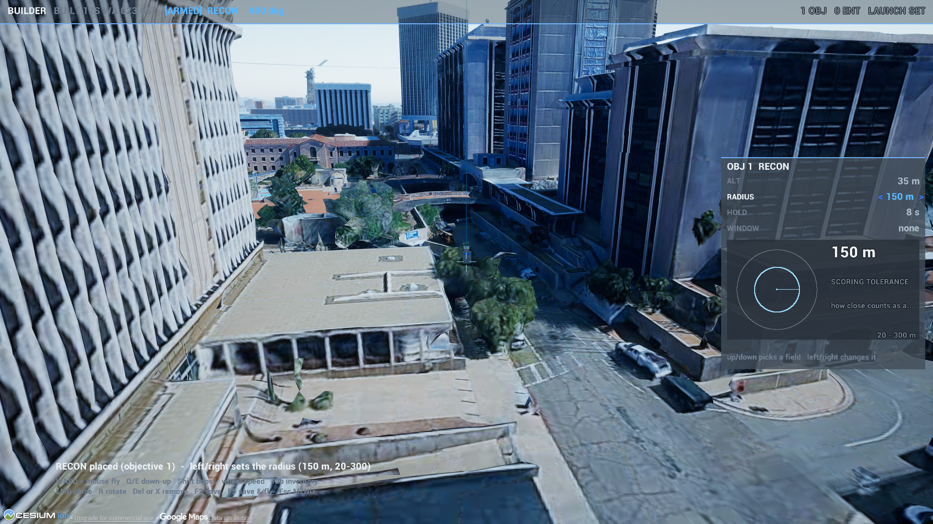 Mission Builder editing an observation objective over public Tucson terrain
