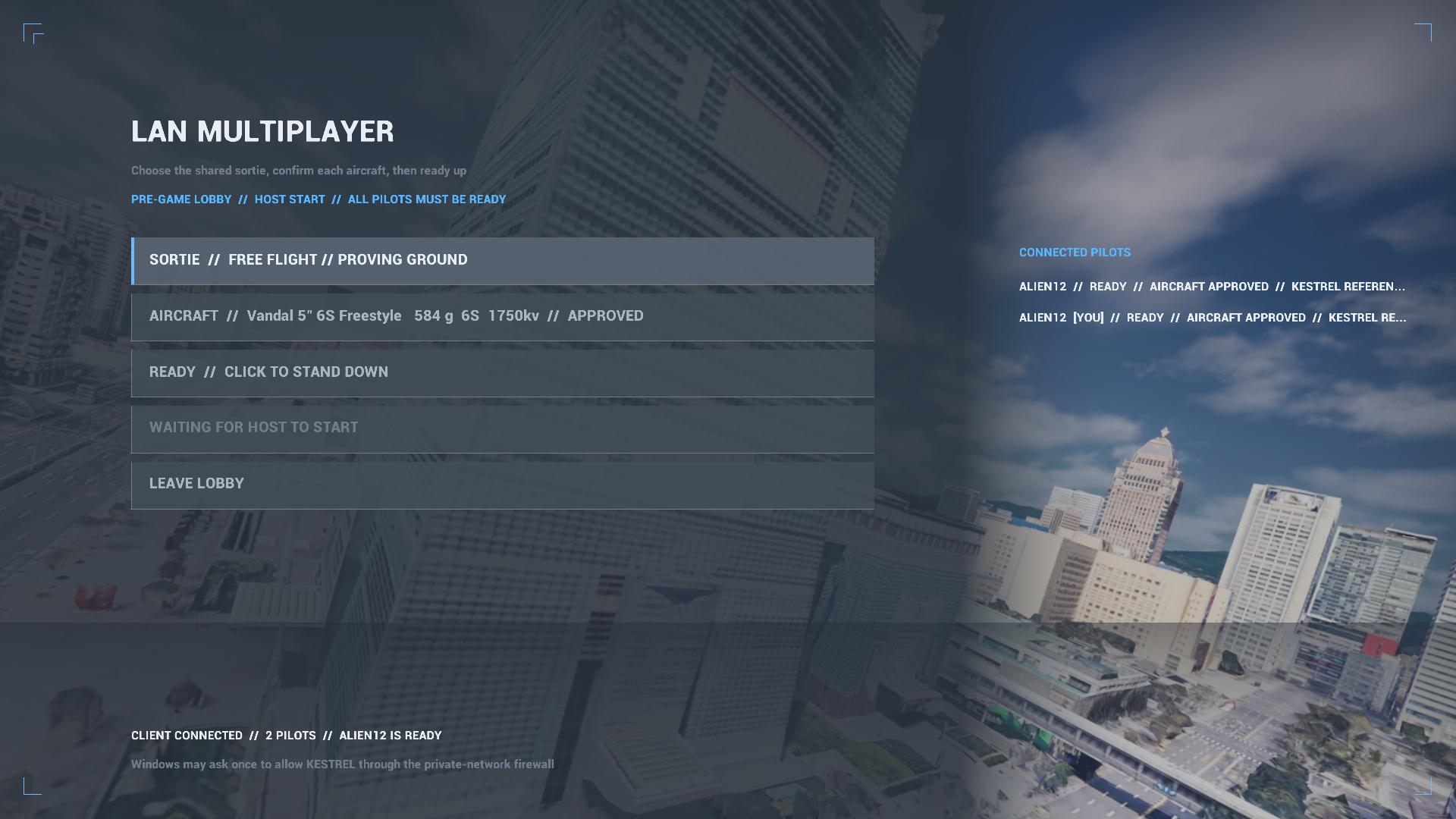 Two connected game instances in the KESTREL multiplayer lobby
