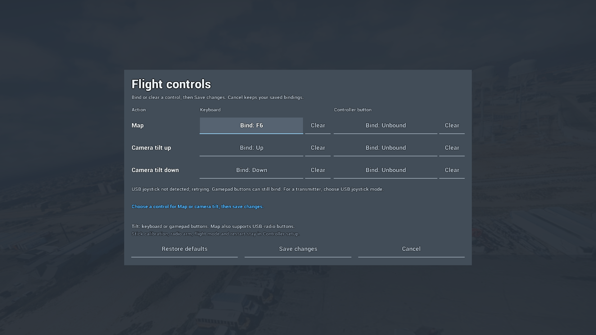 Actual packaged Flight controls screen