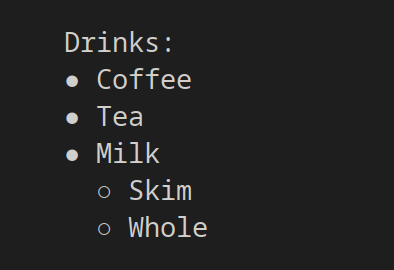 Drinks: Coffee Tea Milk Skim Whole
