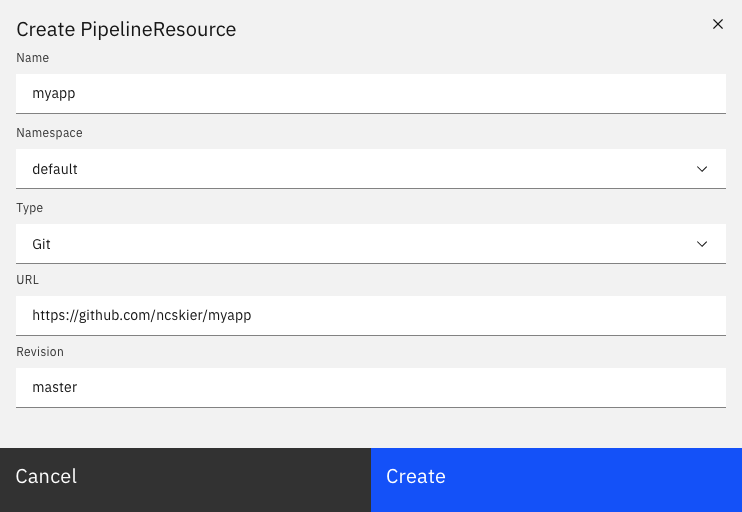 Create PipelineResource form screenshot.