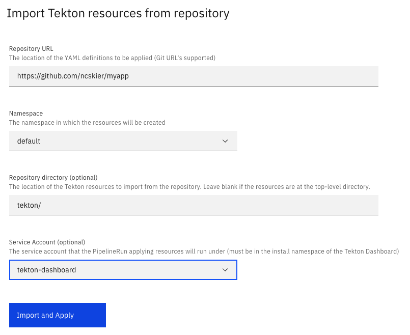 Import Tekton resources screenshot.