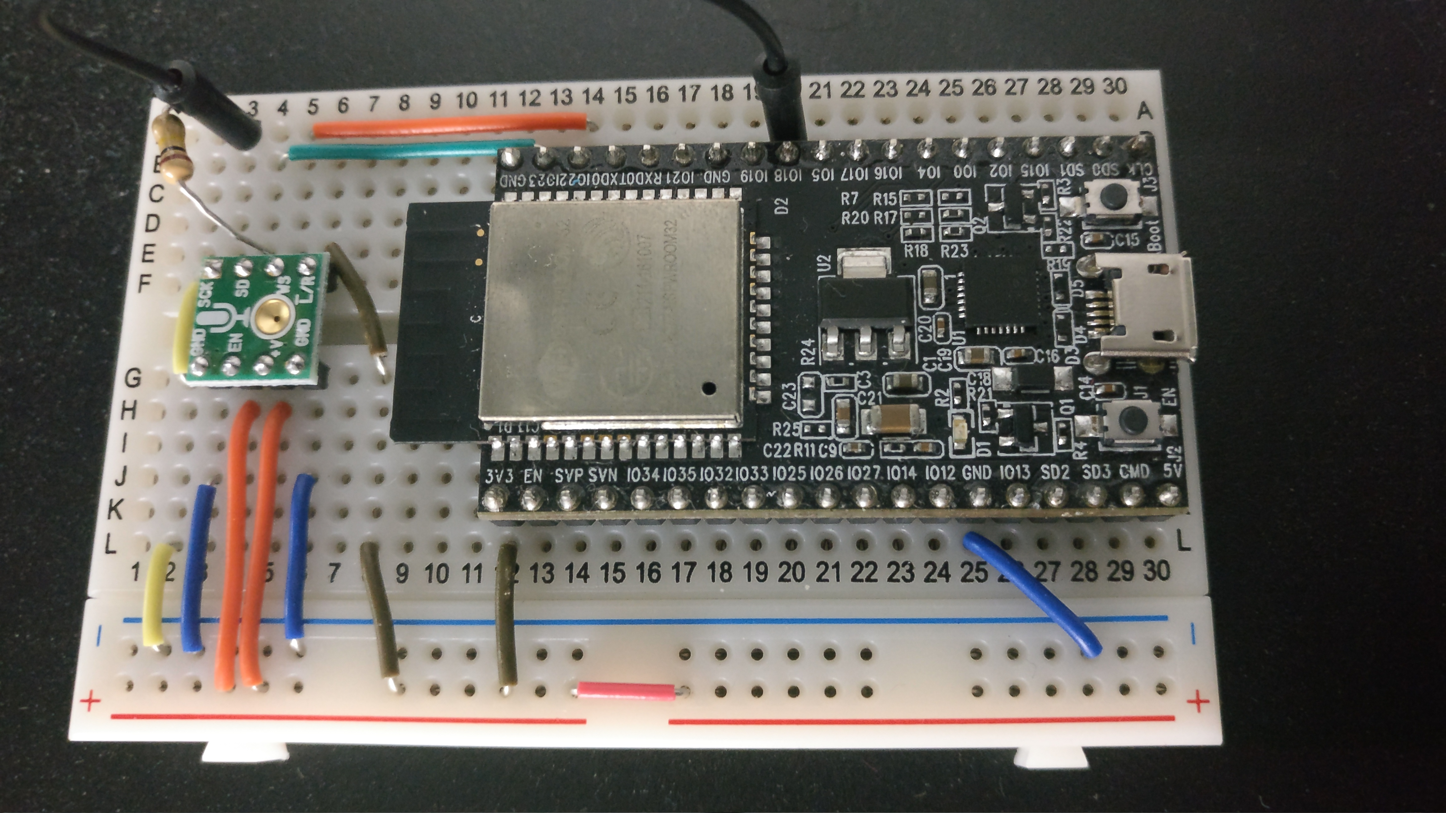 Connect I2S ports to ADMP441. Don't forget to connect correct grounds and 3v3s.