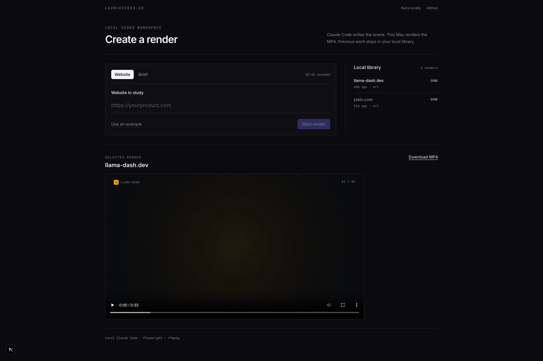 LaunchVideo local workspace, showing the render composer and local video library