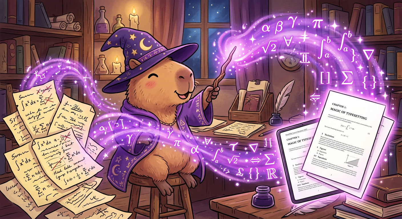 Wizard Capybara transforming handwritten notes into typeset documents