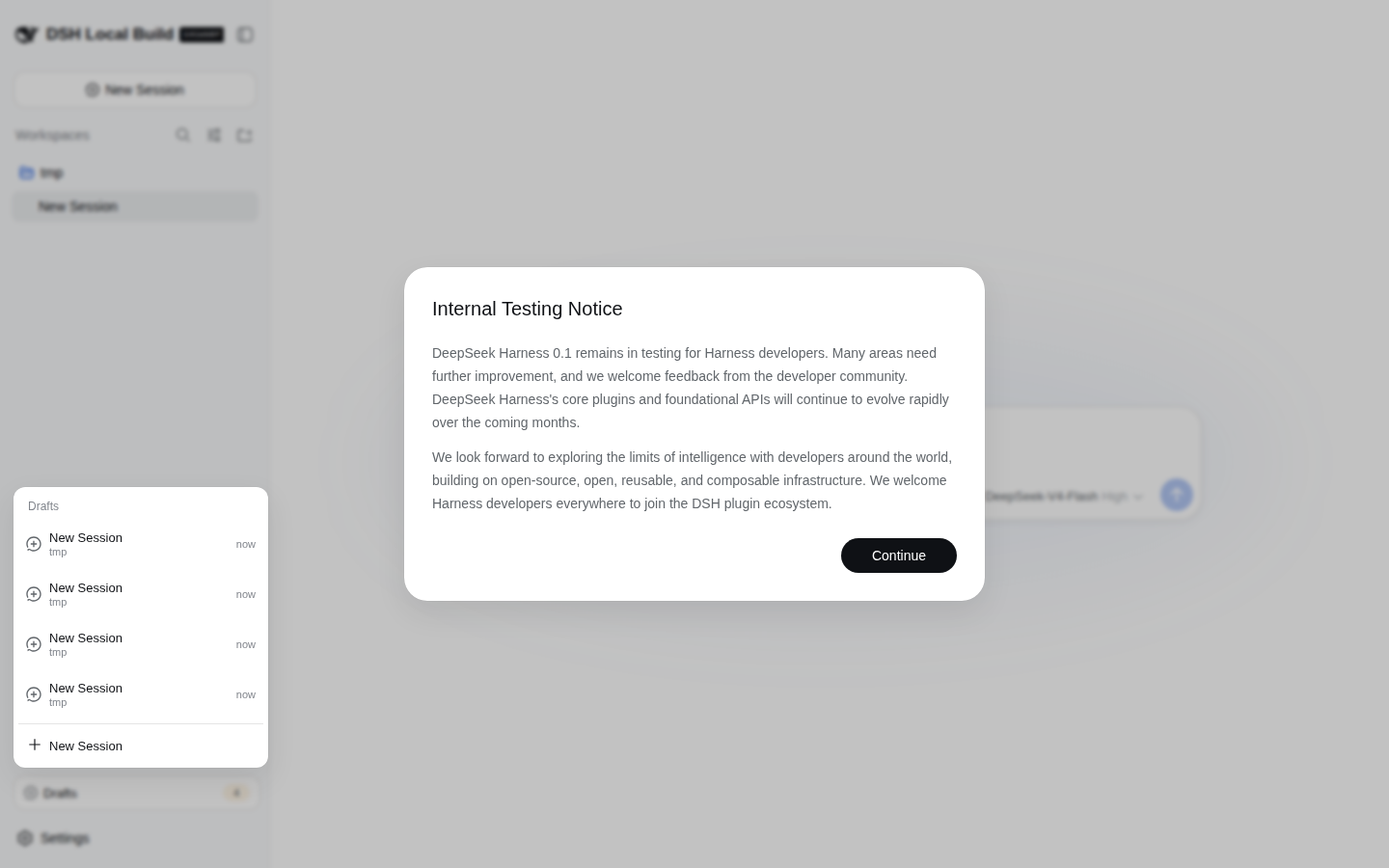 Drafts popover listing four blank sessions