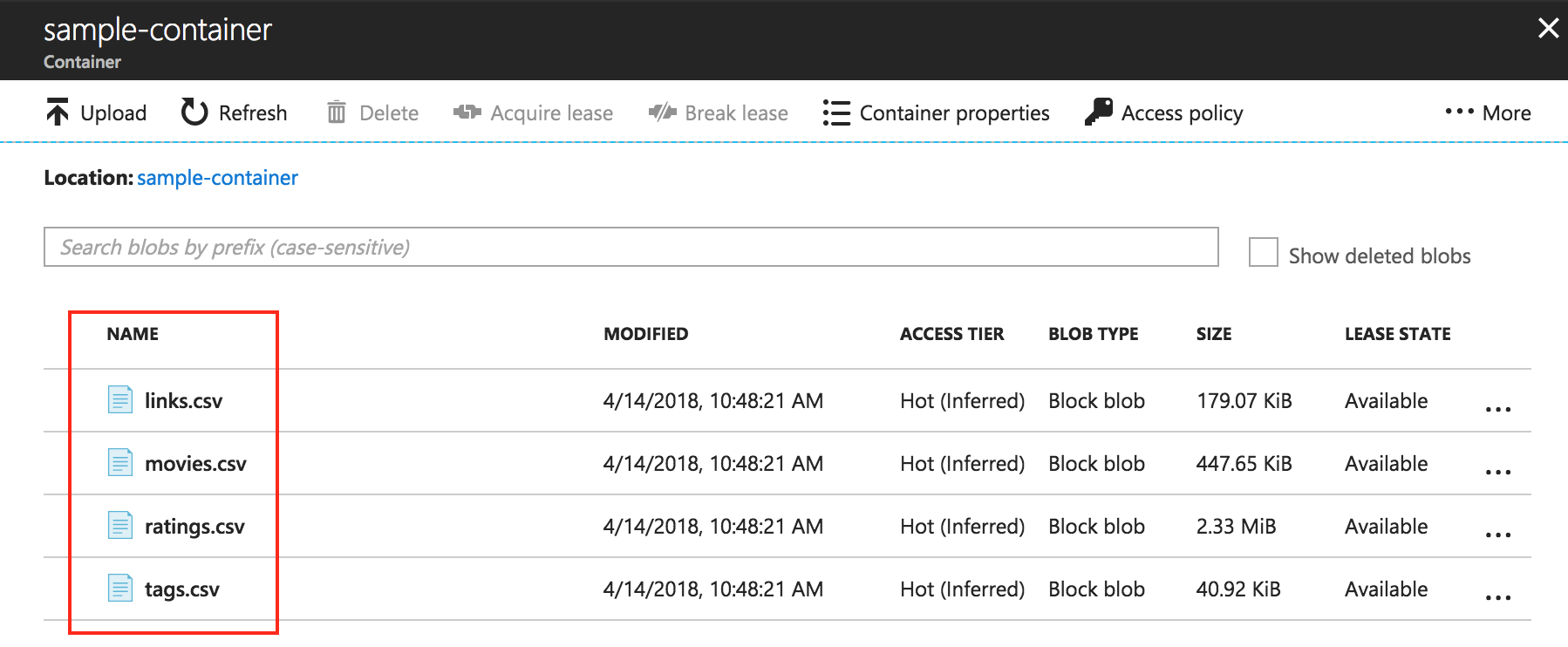 Screenshot showing the list of blobs in the container