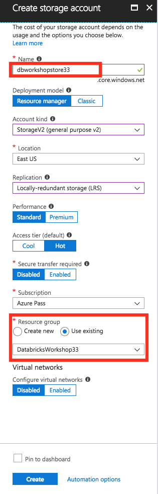 Screen shot showing storage account creation in the Azure portal