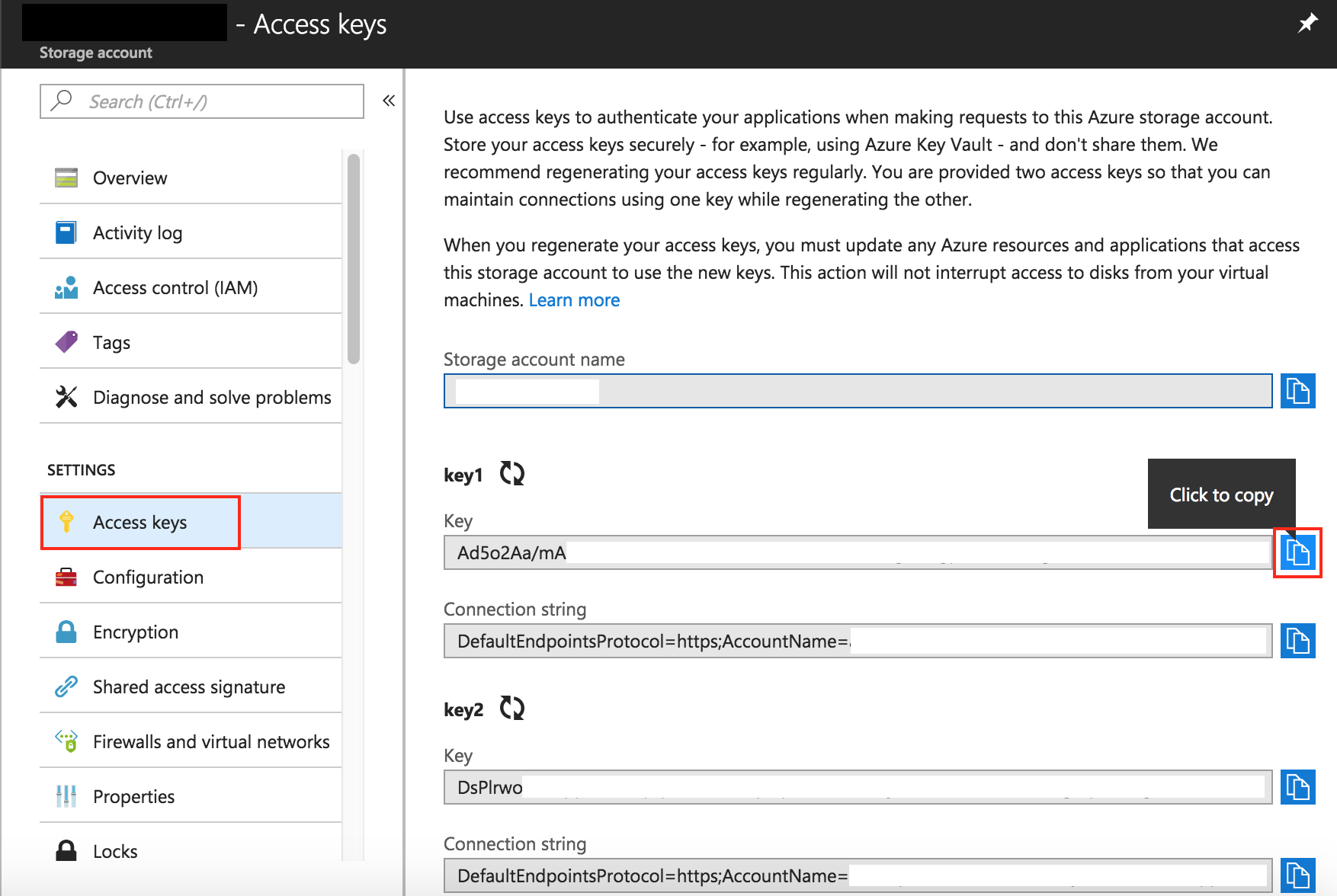 Screen shot showing storage account key in the Azure portal