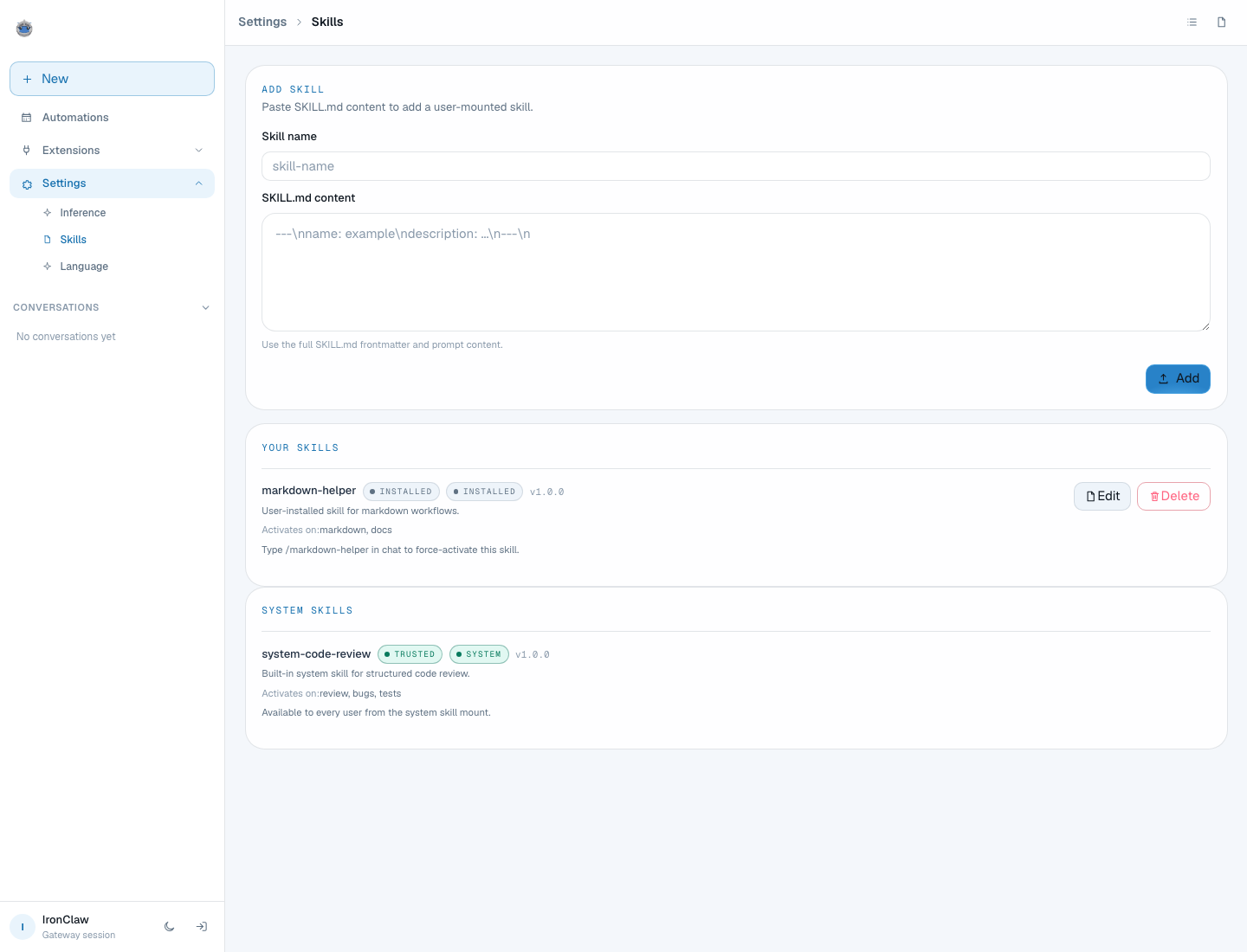 Skills tab showing add form, user skill actions, and system skills