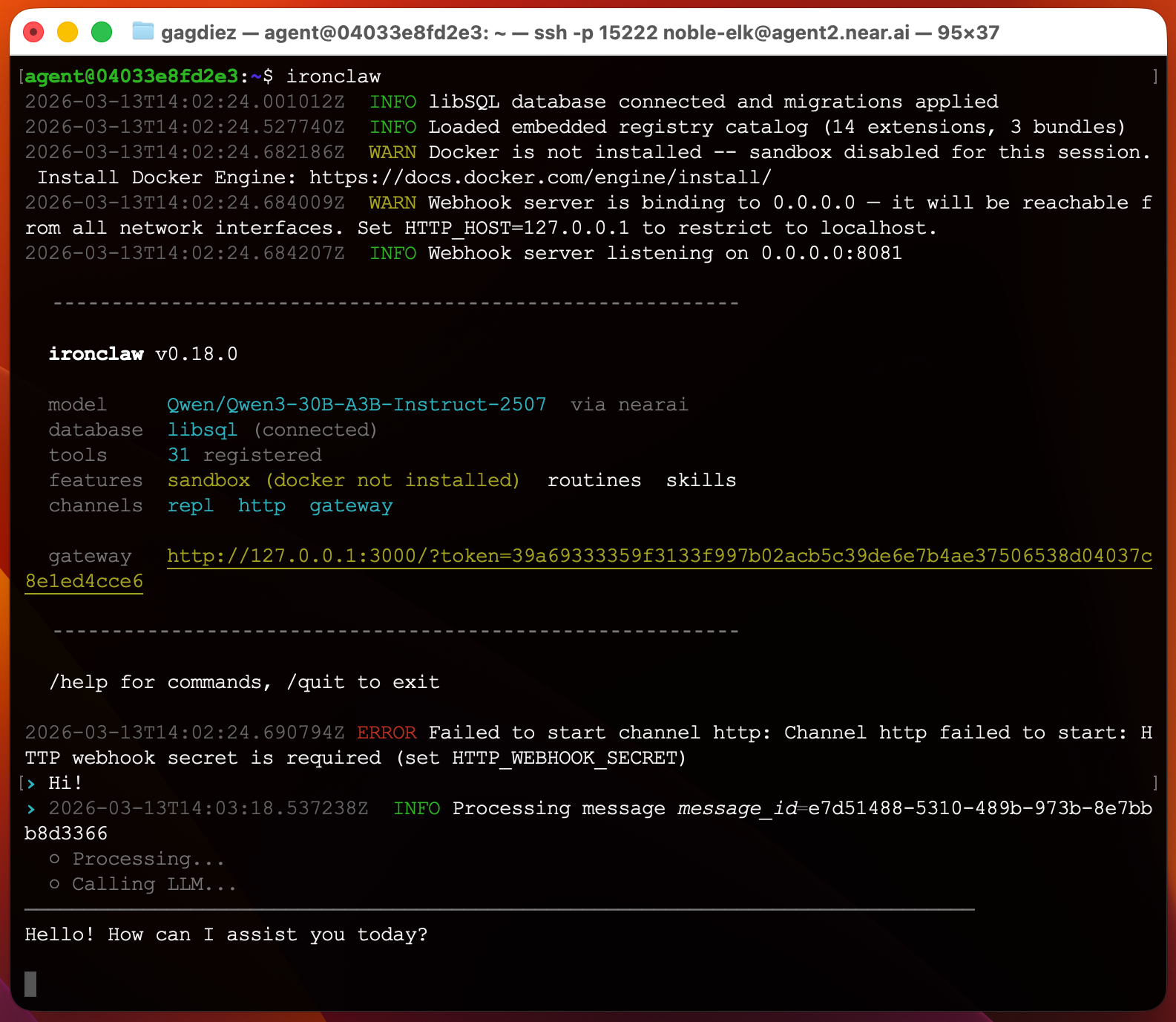 IronClawのWeb UIで初回応答を表示する画面