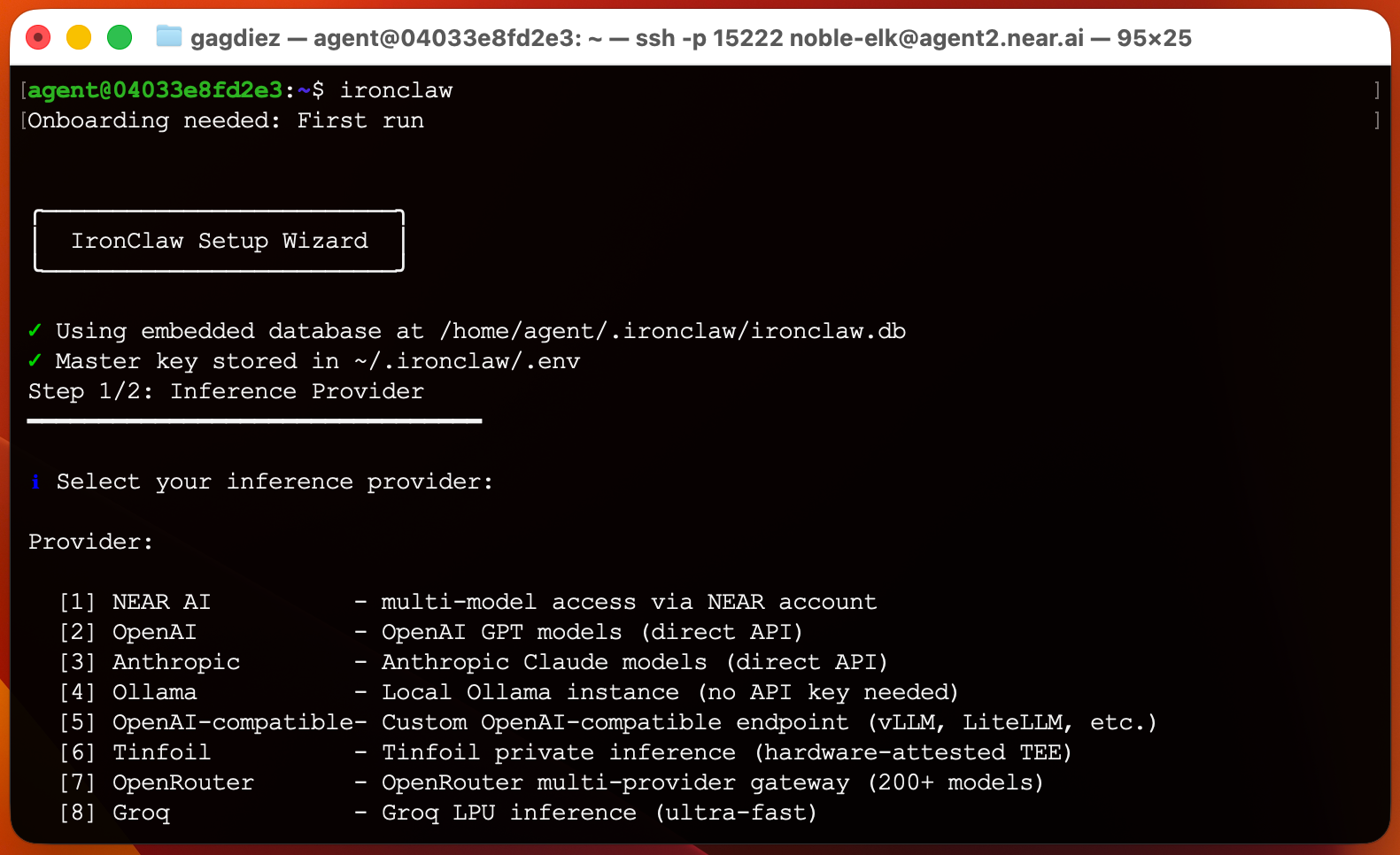 IronClawのセットアップウィザード画面。LLMプロバイダ選択とAPIキー入力を案内するCLI/WebUIの初期設定フロー