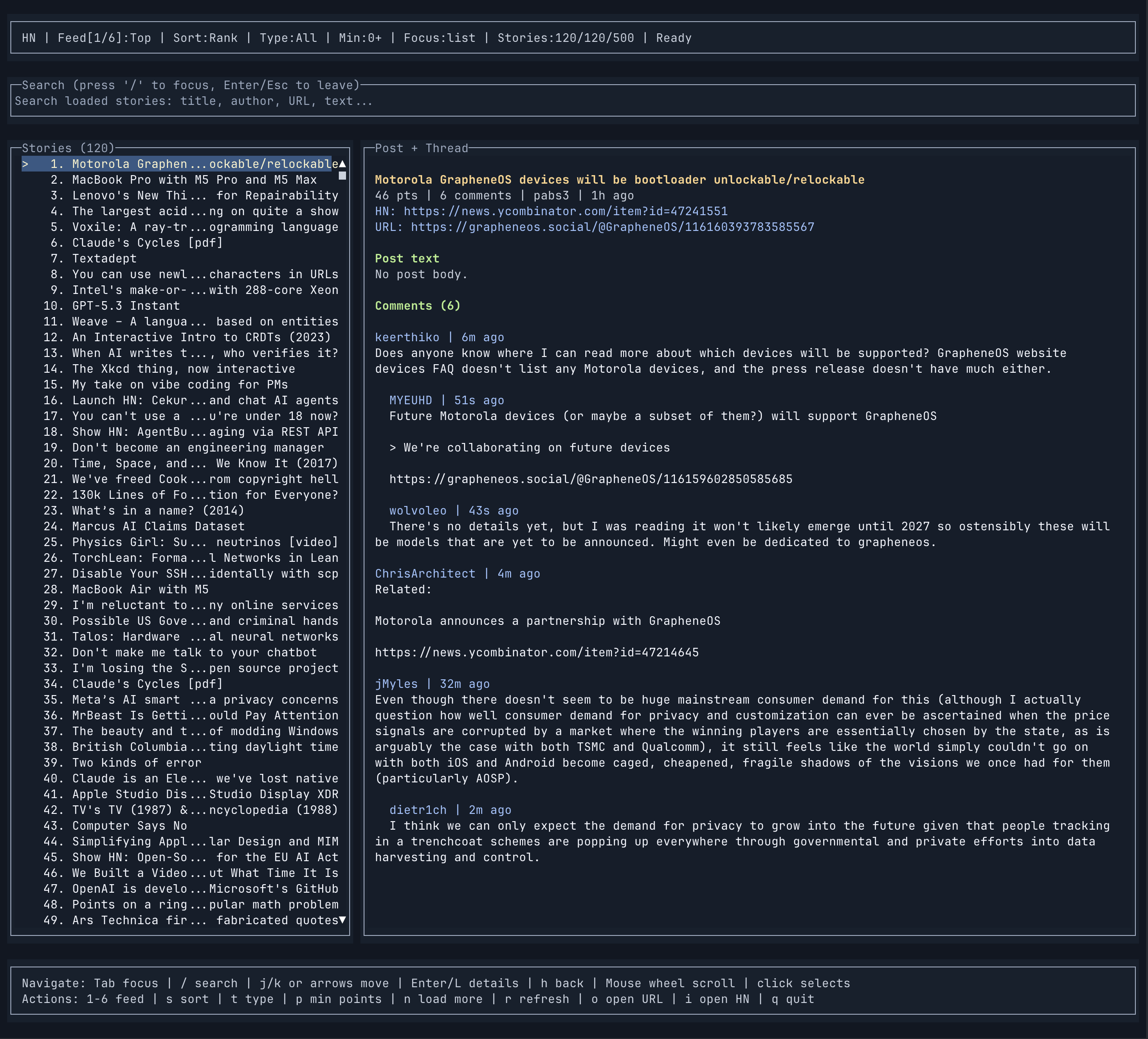 Hacker News TUI screenshot
