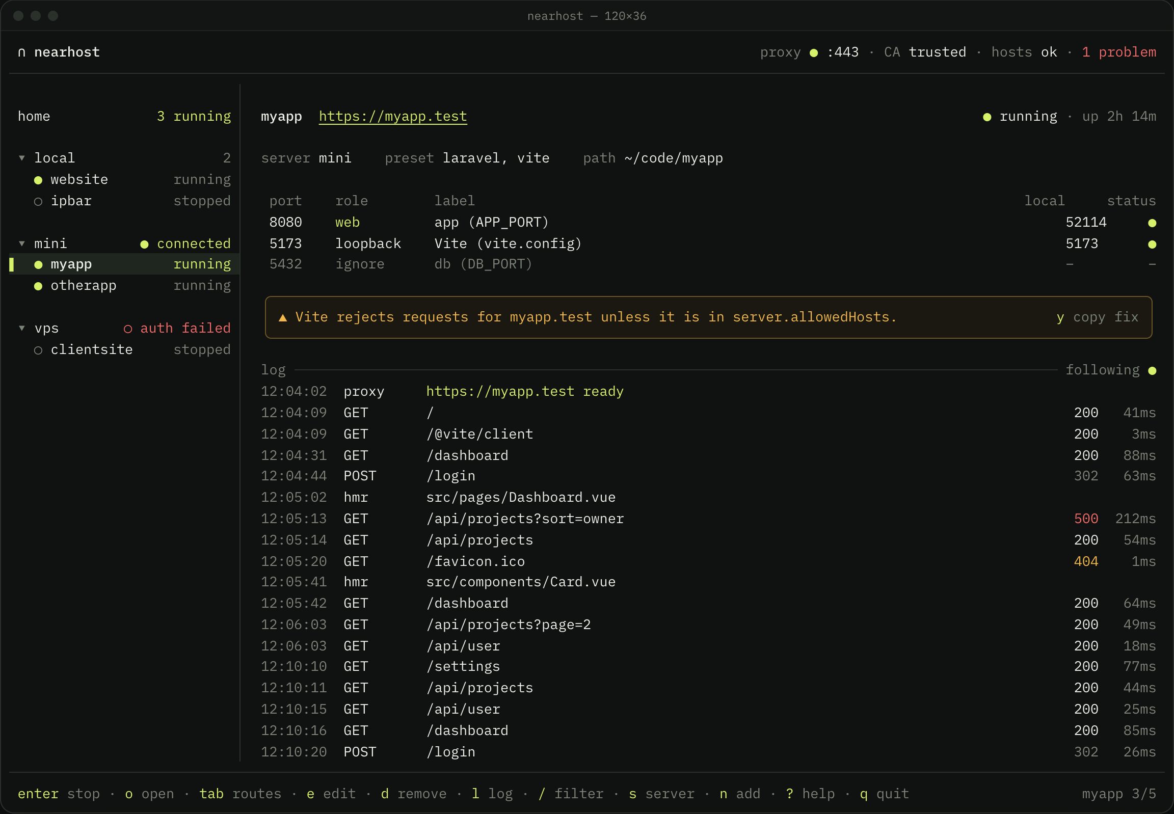 The Nearhost terminal interface: servers and projects on the left, and the selected project's address, routes and request log on the right.