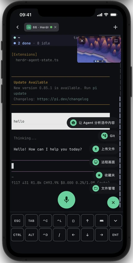 Termish 终端中的 Herdr 工作区、手机快捷键与远程画面悬浮小窗