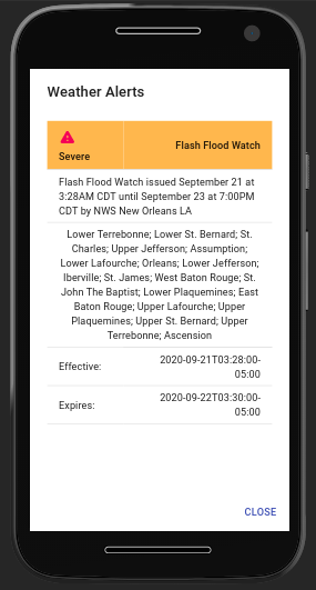 Screenshot of mobile alerts