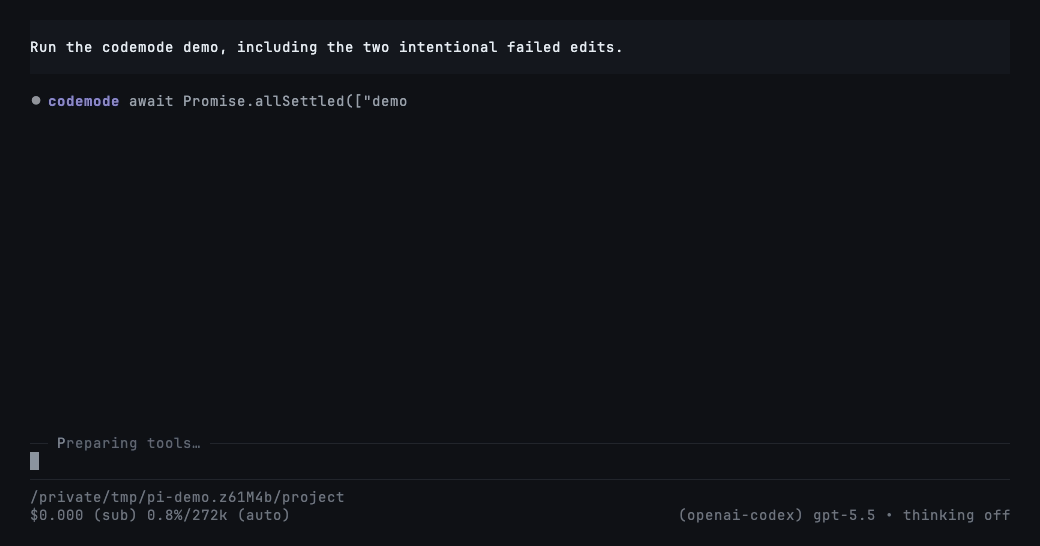Codemode outcomes in all three styles: three reads, one command, three successful and two failed edits