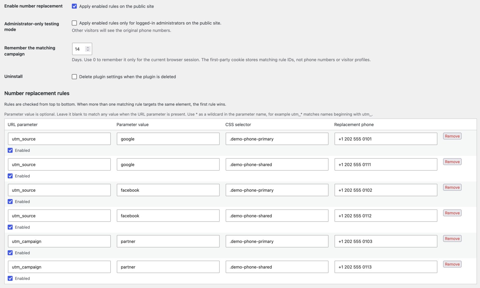 UTM Phone Switcher settings with example campaign rules